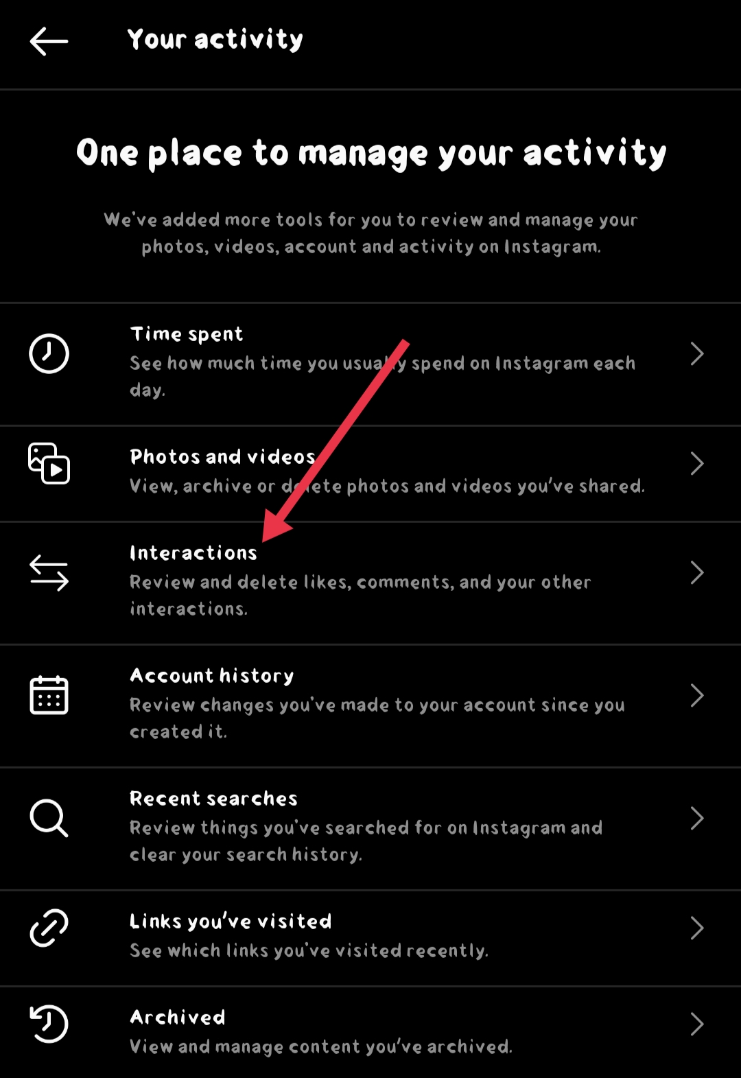 Instagram activities page