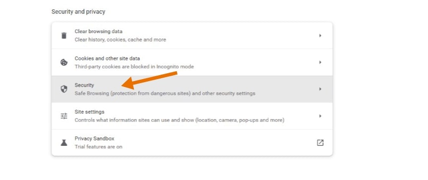 Chrome security and privacy section
